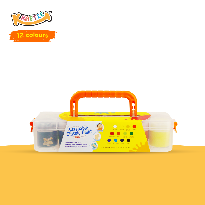 Astra Family A yellow box containing non toxic kids paint and KRAFTEE 12ct Washable Classic Paints.