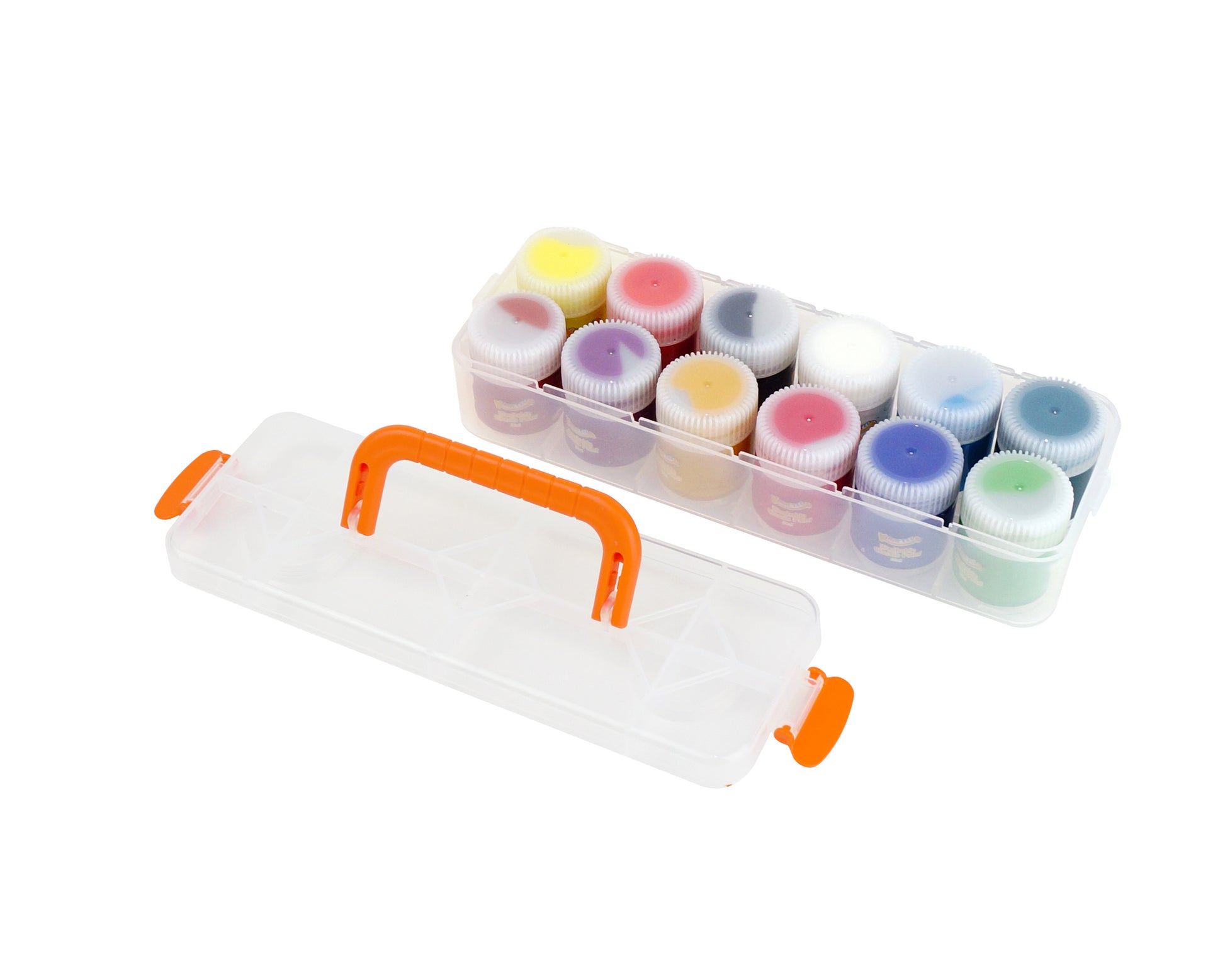 Astra Family A plastic container with KRAFTEE 12ct Washable Classic Paints and brushes, perfect for kids' watercolor activities.