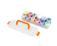 Astra Family A plastic container with KRAFTEE 12ct Washable Classic Paints and brushes, perfect for kids' watercolor activities.