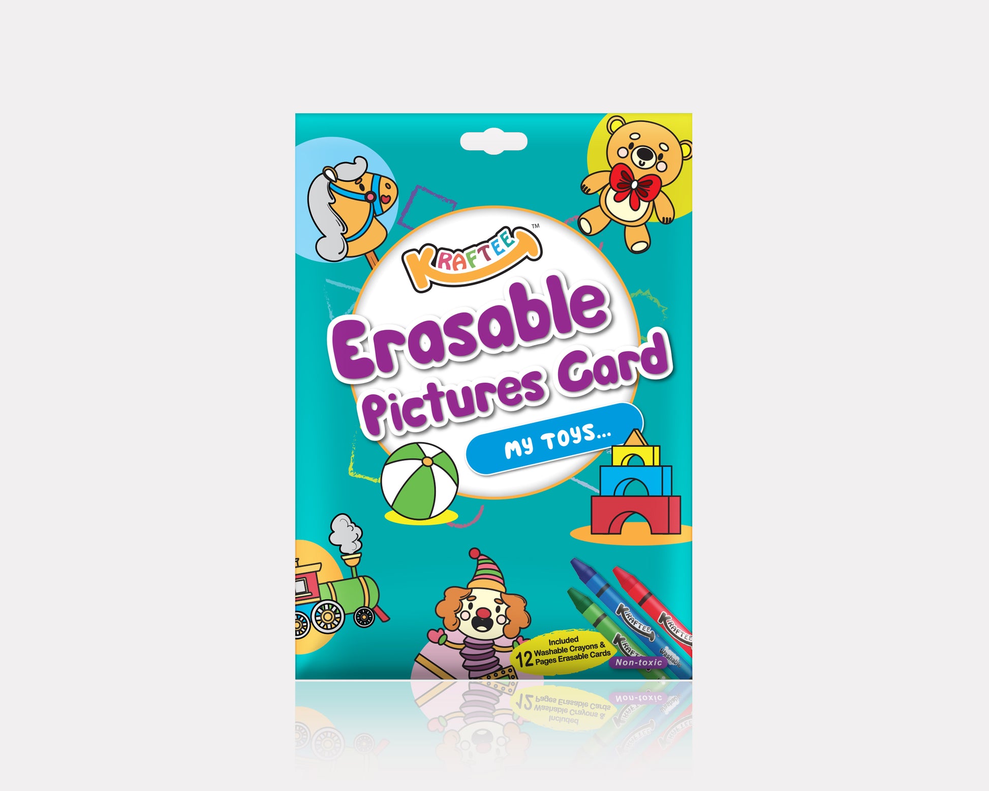 Astra Family A package of erasable picture cards for kids painting, including non-toxic washable crayons.