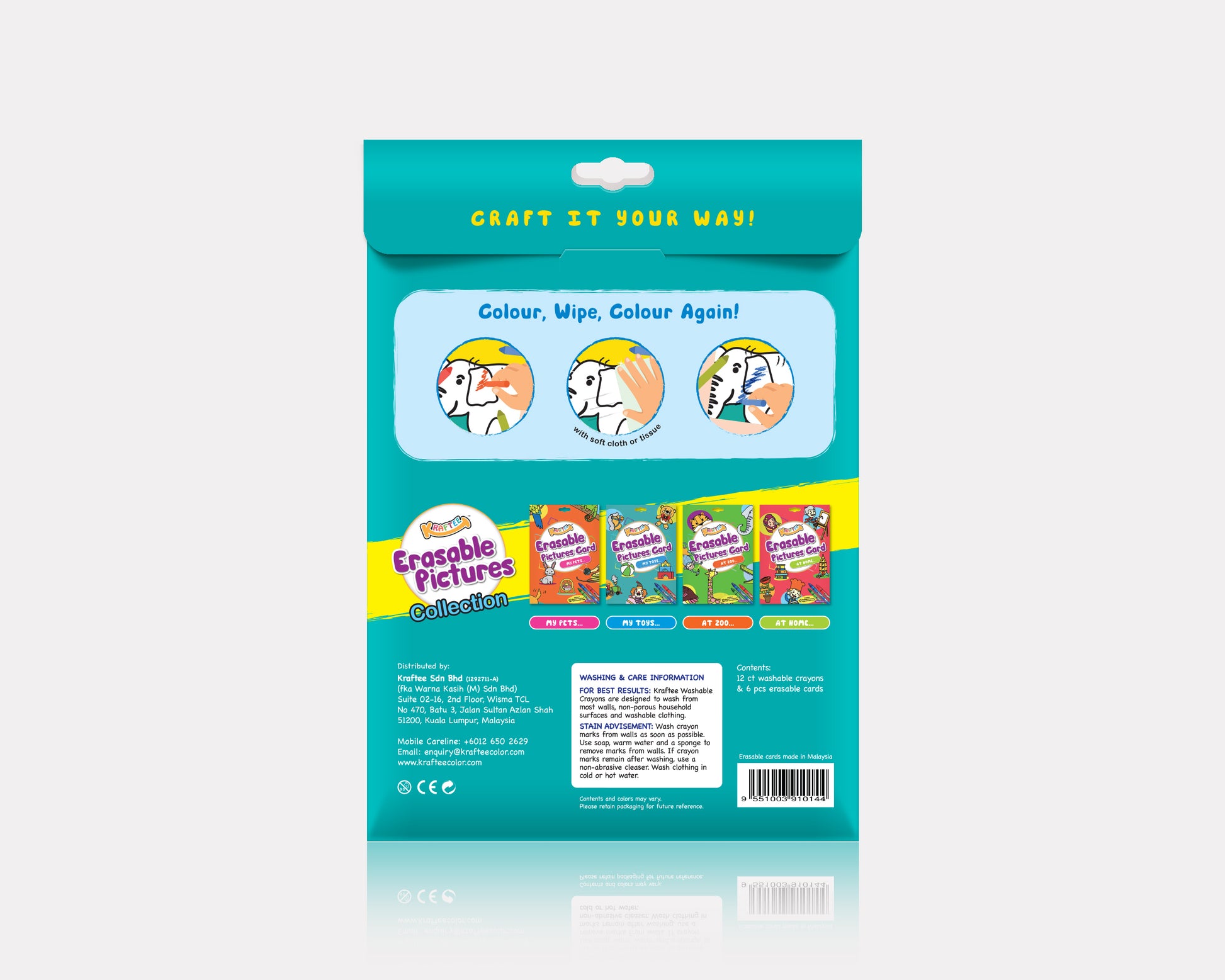 Astra Family A package with KRAFTEE Erasable Picture Cards – My Toys (with 12ct washable crayons) featuring non-toxic kids crayons.