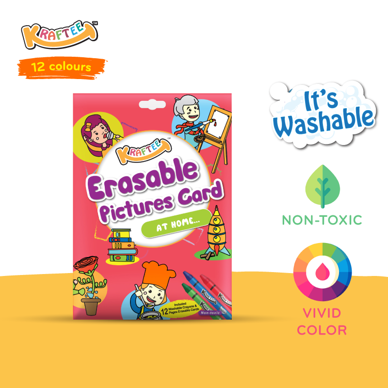 Astra Family KRAFTEE Erasable Picture Cards – At Home with 12ct washable crayons: non-toxic, washable paint set for kids.
