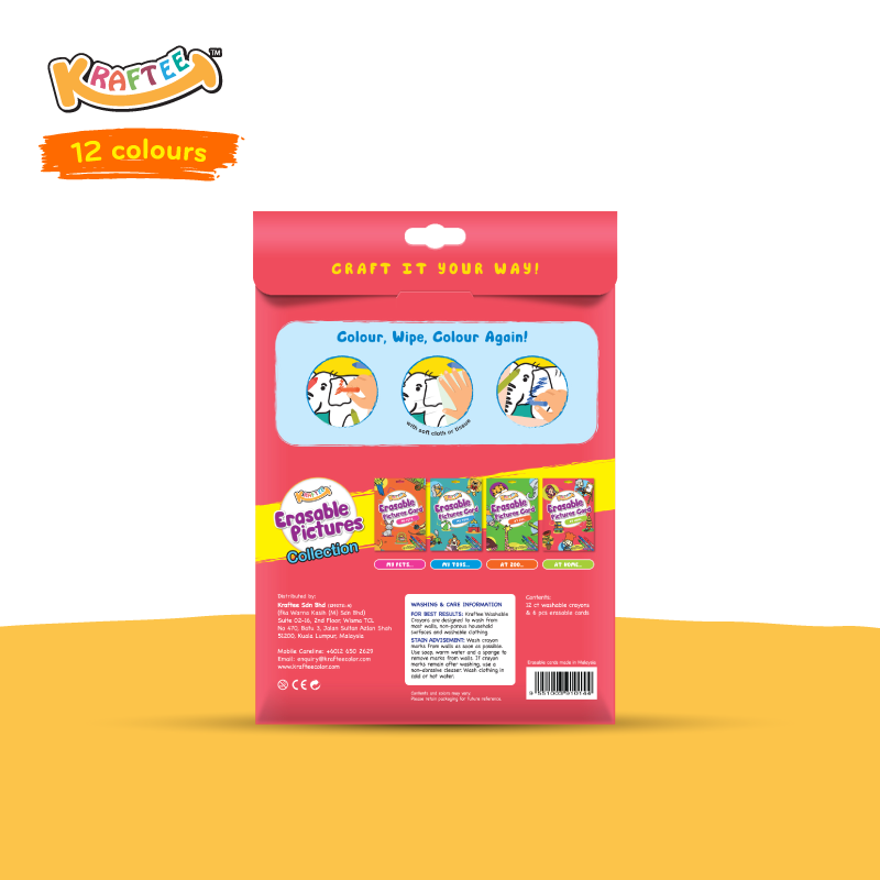 Astra Family The packaging of a KRAFTEE Erasable Picture Cards – At Home (with 12ct washable crayons) containing non toxic colors for kids.