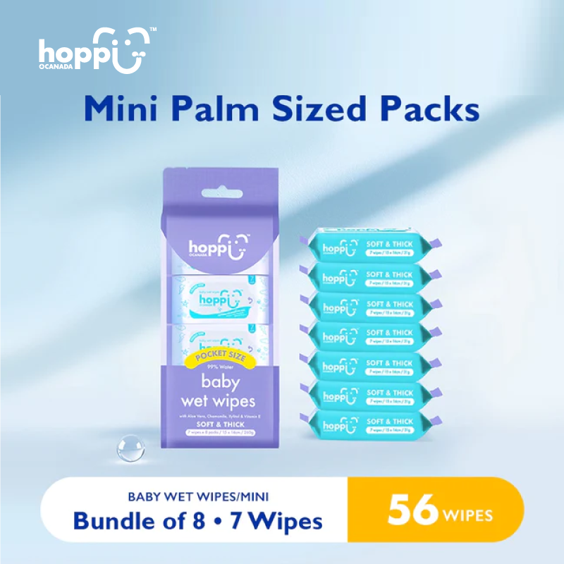 Astra Family Hoppi Baby Wet Wipes Mini, 8 Pack pack bundle of 8 pocket size wet tissue.