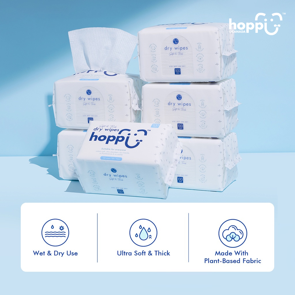 Astra Family A stack of Hoppi Dry Wipes, 100 Happyfi-labeled wipes.