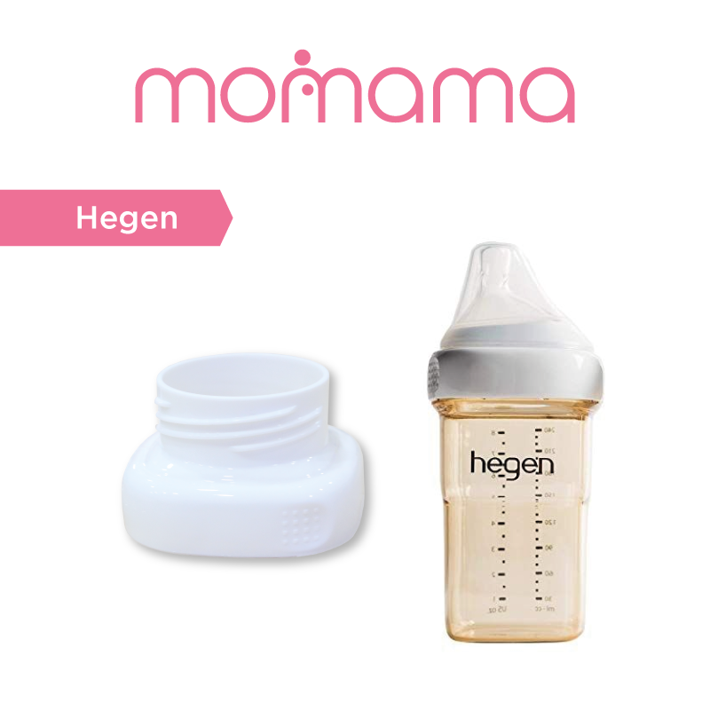 Astra Family A bottle with the Momama MM0005 Ultra Wide Neck Bottle Adapter - Hegen and the Hegen Bottle Cap next to it.