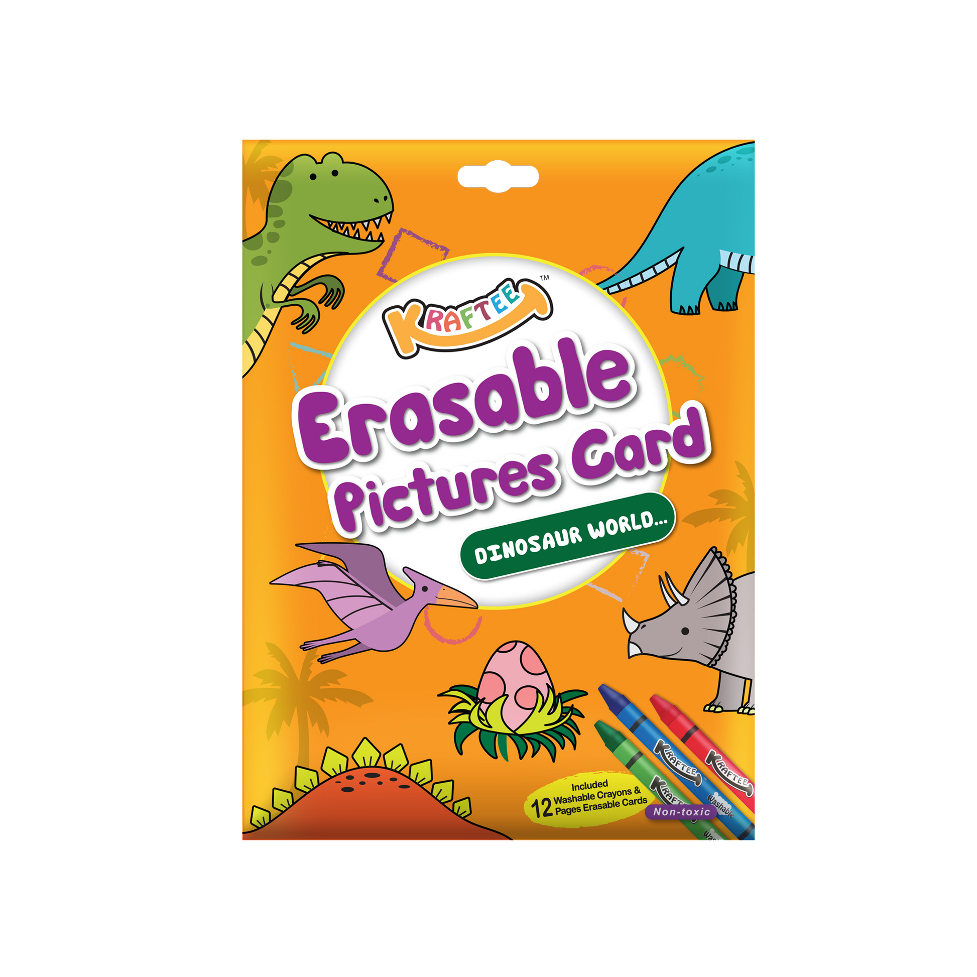 Astra Family A pack of KRAFTEE Erasable Picture Cards - Dinosaur World (with 12ct washable crayons) with an image of dinosaurs.