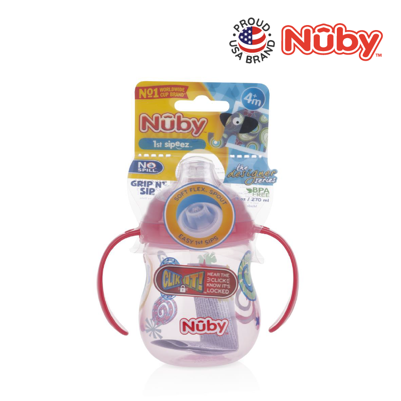 Astra Family A pink Nuby Designer Pinpoint 2 Handle Clik-It Trainer Cup With Pp Cover Spout Cup 270ML/9OZ with a red handle, perfect for baby water bottle