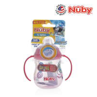 Astra Family A pink Nuby Designer Pinpoint 2 Handle Clik-It Trainer Cup With Pp Cover Spout Cup 270ML/9OZ with a red handle, perfect for baby water bottle