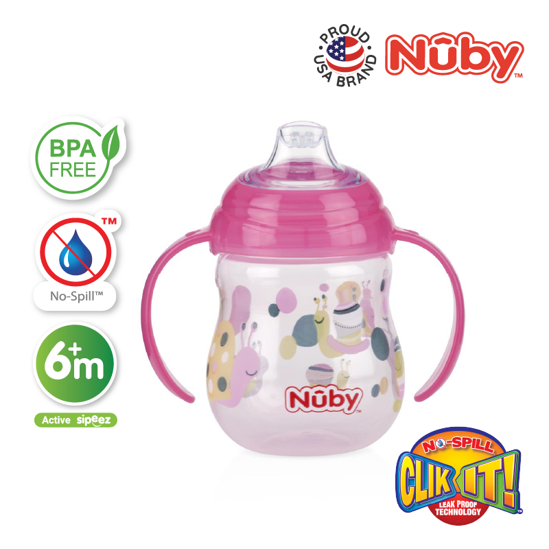 Astra Family A Nuby pink cup with the word "Nuby" on it.