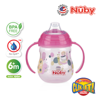 Astra Family A Nuby pink cup with the word "Nuby" on it.