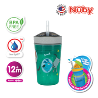 Astra Family A green cup with printed stickers and a thin straw for sipping on the go.