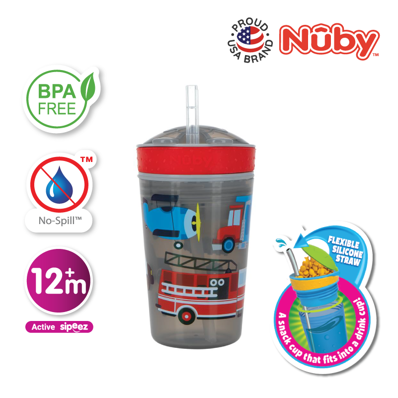 Astra Family A printed cup with a fire truck on it.