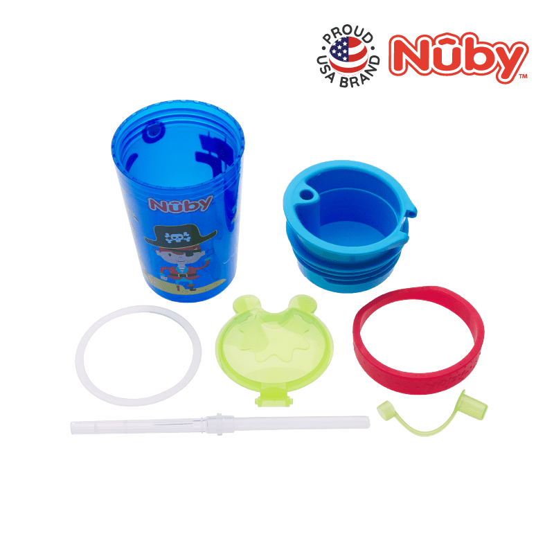 Astra Family A blue cup with a straw and other items.