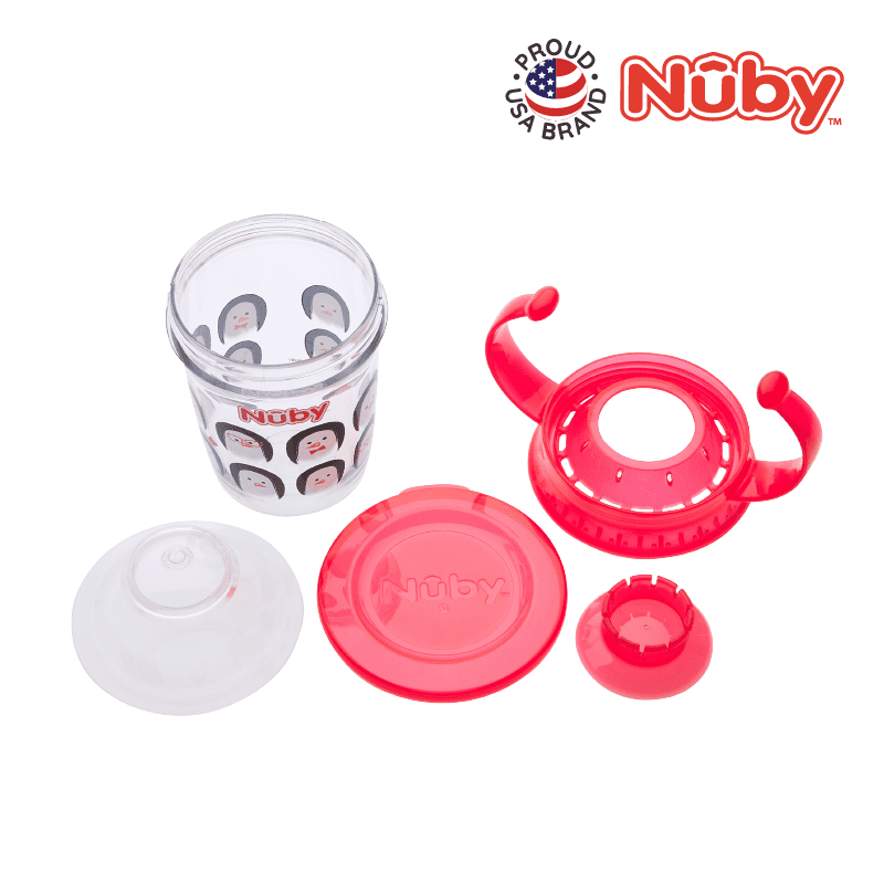 Astra Family A set of plastic cups and lids with a red lid.