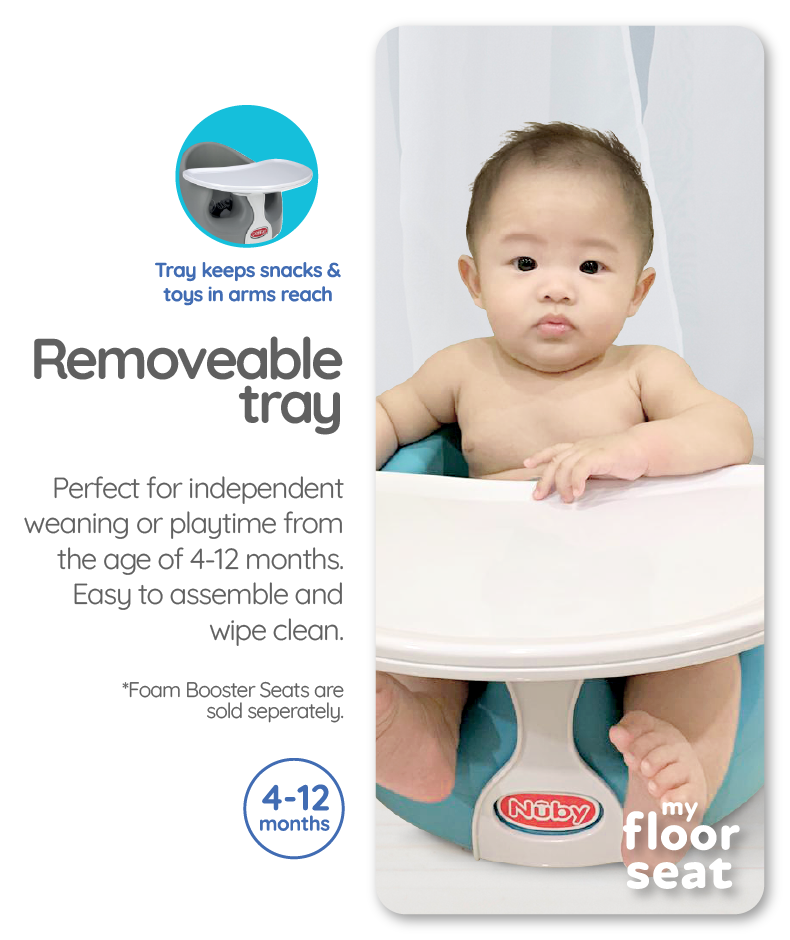 Astra Family A baby is sitting in a Nuby Floor Seat Tray with a removable tray.