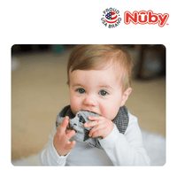 Astra Family A baby is chewing on a nuby chew toy.