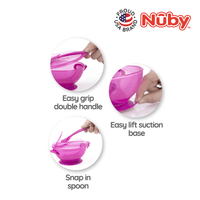 Astra Family A pink nuby bowl with instructions on how to use it.