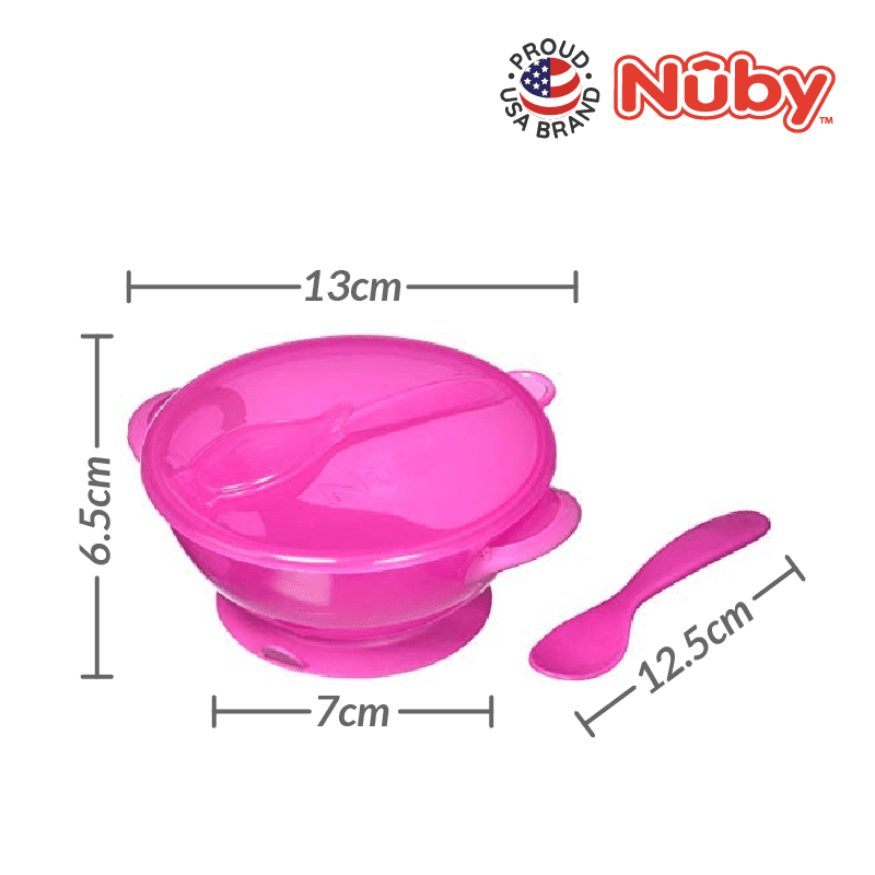 Astra Family A pink bowl and spoon with measurements.