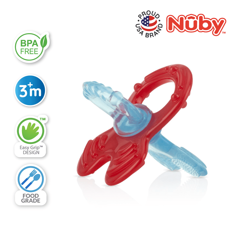 Astra Family A blue and red pacifier with the words nuby on it.