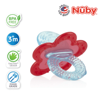Astra Family A blue and red pacifier with the words Nuby on it.