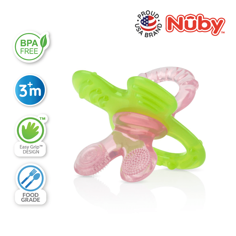 Astra Family A green and pink Nuby pacifier with the word "Nuby" written on it.