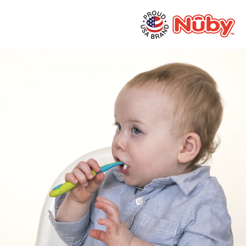 Astra Family A baby is using the Nuby Toothbrush With Bristles (1pc) to brush his teeth.