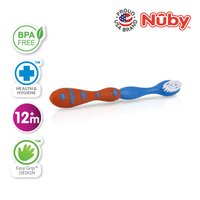 Astra Family A BPA-free Nuby Toothbrush With Bristles (1pc) in blue and orange, featuring the word "nuby" on it.