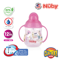 Astra Family A pink Nuby sippy cup with the word Nuby on it.