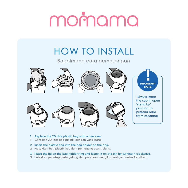 Astra Family A poster demonstrating the installation of a Momama Odour Free Nappy-Bin, ensuring a smell-free trash can.