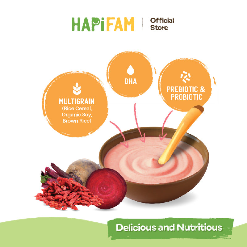 Astra Family A bowl of HAPIHEROS Baby Cereal - Beetroot, Berries & Goji (20gx10) and beetroot juice.