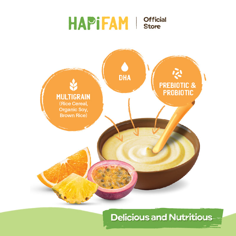 Astra Family A bowl of instant baby cereal and a bowl of yogurt, both featuring HAPIHEROS Baby Cereal in Mixed Fruit flavor, conveniently packed as a travel-sized 10-pack.
