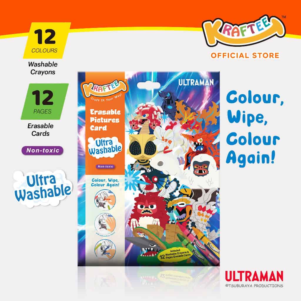 kraftee ultraman & kaiju (mini art) erasable cards with 12ct washable crayons