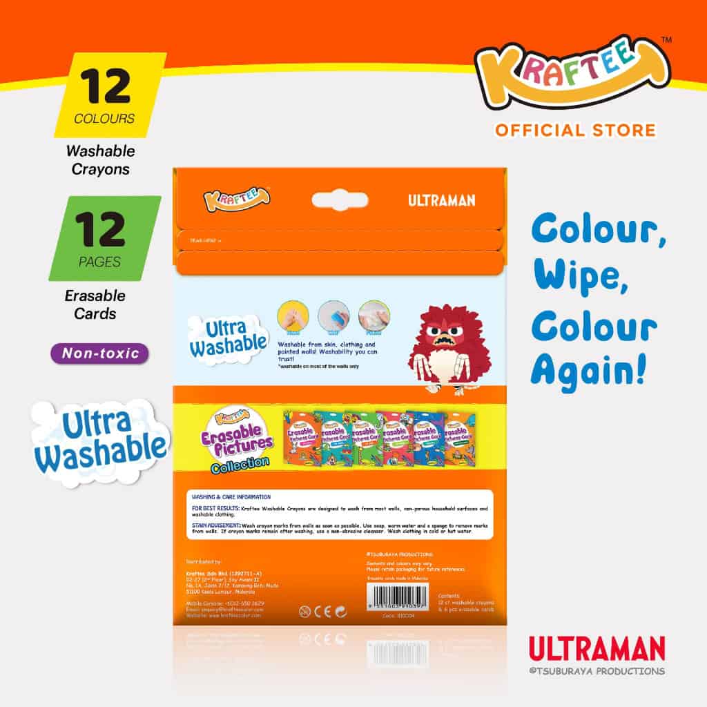 kraftee ultraman & kaiju (mini art) erasable cards with 12ct washable crayons