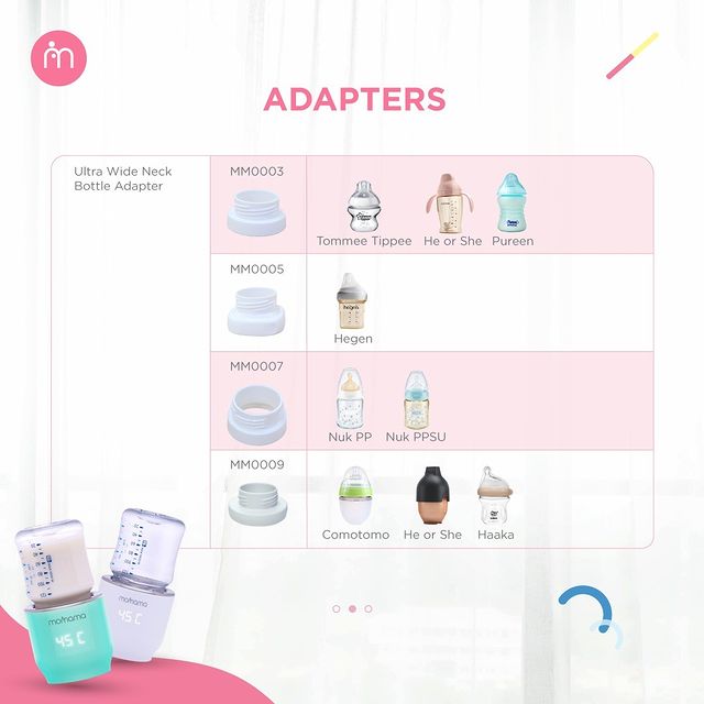 Astra Family An image of a Momama Intelligent Bottle Warmer - Baby Pink with portable milk warmer adapters.