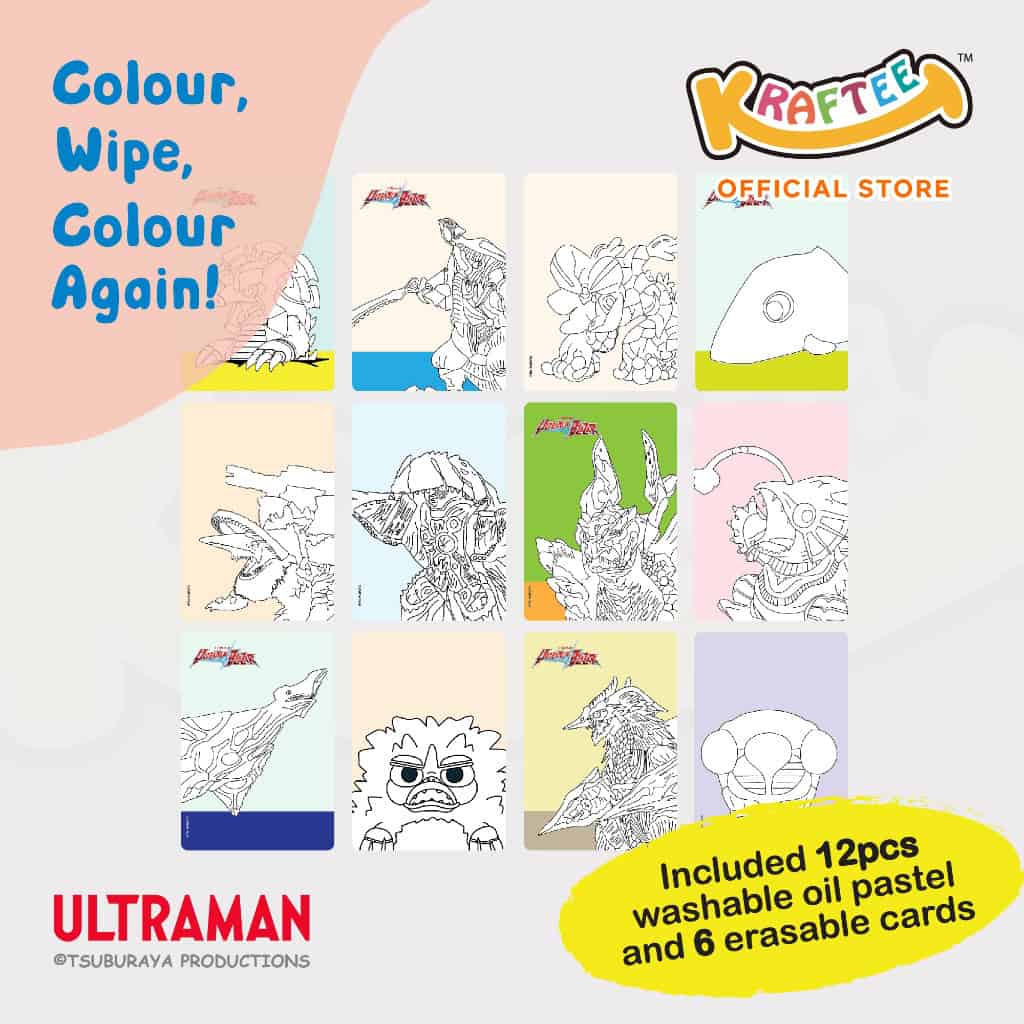 kraftee ultraman & kaiju erasable card set with 12ct crayons