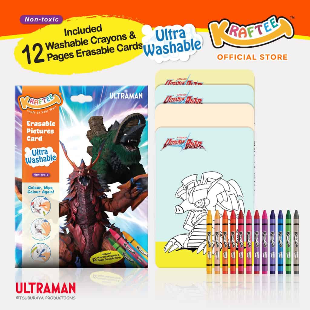 kraftee ultraman & kaiju erasable card set with 12ct crayons