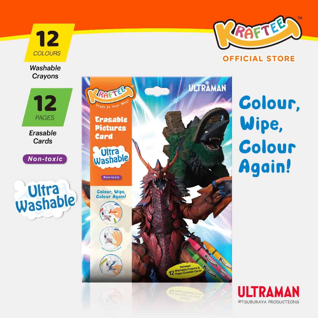 kraftee ultraman & kaiju erasable card set with 12ct crayons