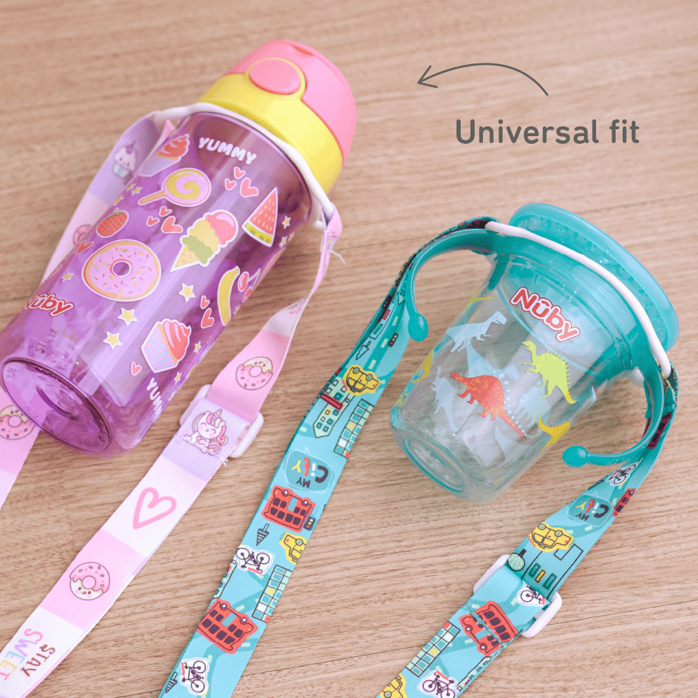nuby 12oz flip it freestyle hard straw flip it on the go cup blue monsters + nuby bottle strap city design (copy)