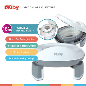portable potty with diposable bags and travel bag gray/white packaged in a box