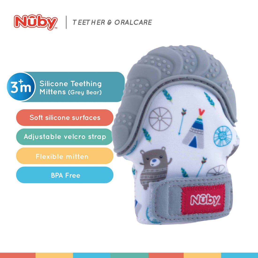 Nuby Teething Mitten Silicone Ends (Gray Bear Print)