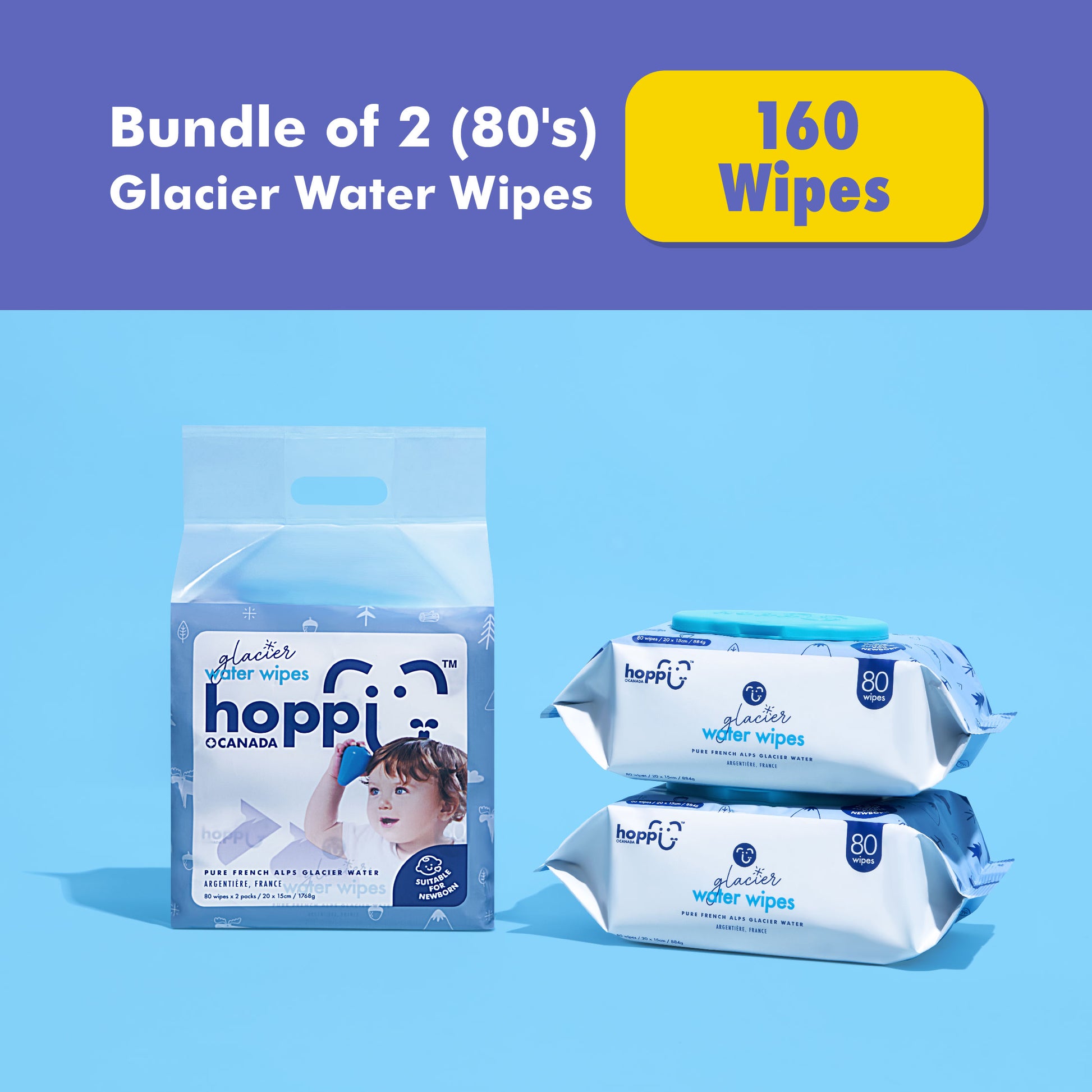 Astra Family Bundle of Hoppi Glacier Water Wipes 80's x 2packs on a blue background.