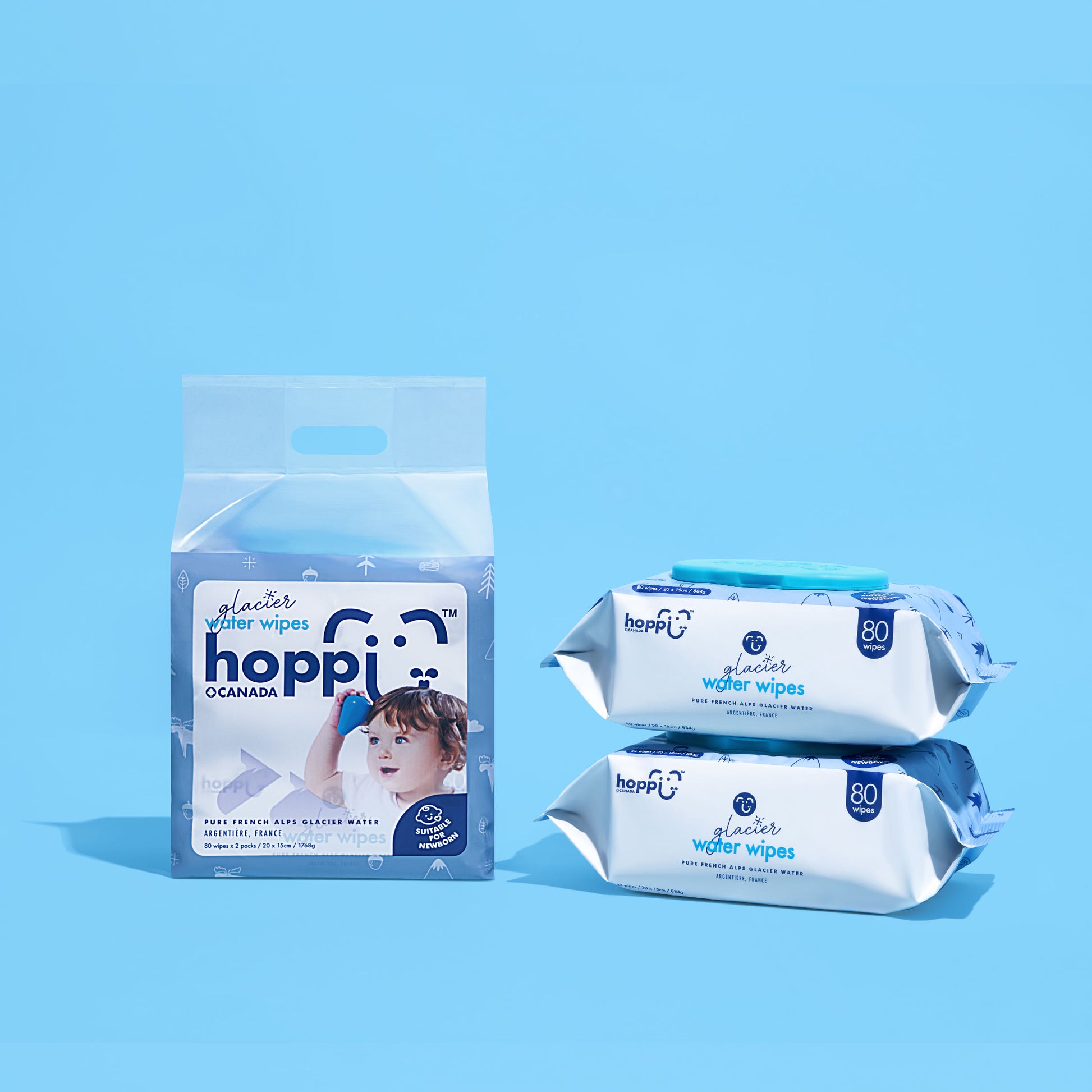 Astra Family Hoppi Glacier Water Wipes 80's x 2packs displayed on a blue background.