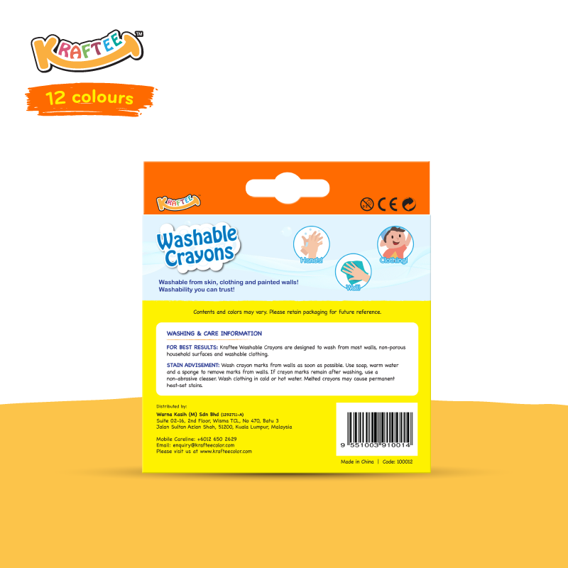 Astra Family Package of KRAFTEE 12ct washable crayons with kids paint on an orange background.