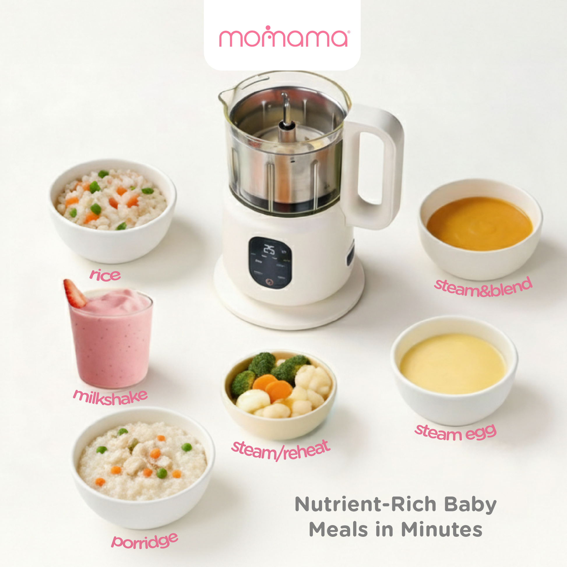 Momama® MiniMix 4-in-1 Baby Food Processor 宝宝辅食机 | Masak Bubur Bayi | Senang Mudah Cepat 4合1蒸煮搅拌加热解冻宝宝辅食机