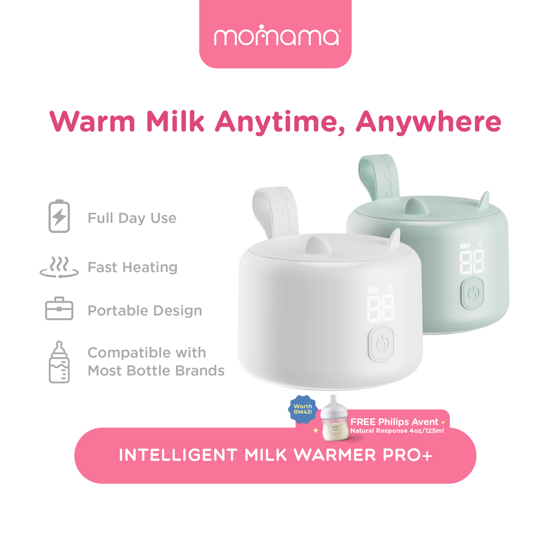Momama Intelligent Milk Warmer PRO+  Long-Lasting Battery | Fast Heating | Rechargeable | 4 Temperature Settings