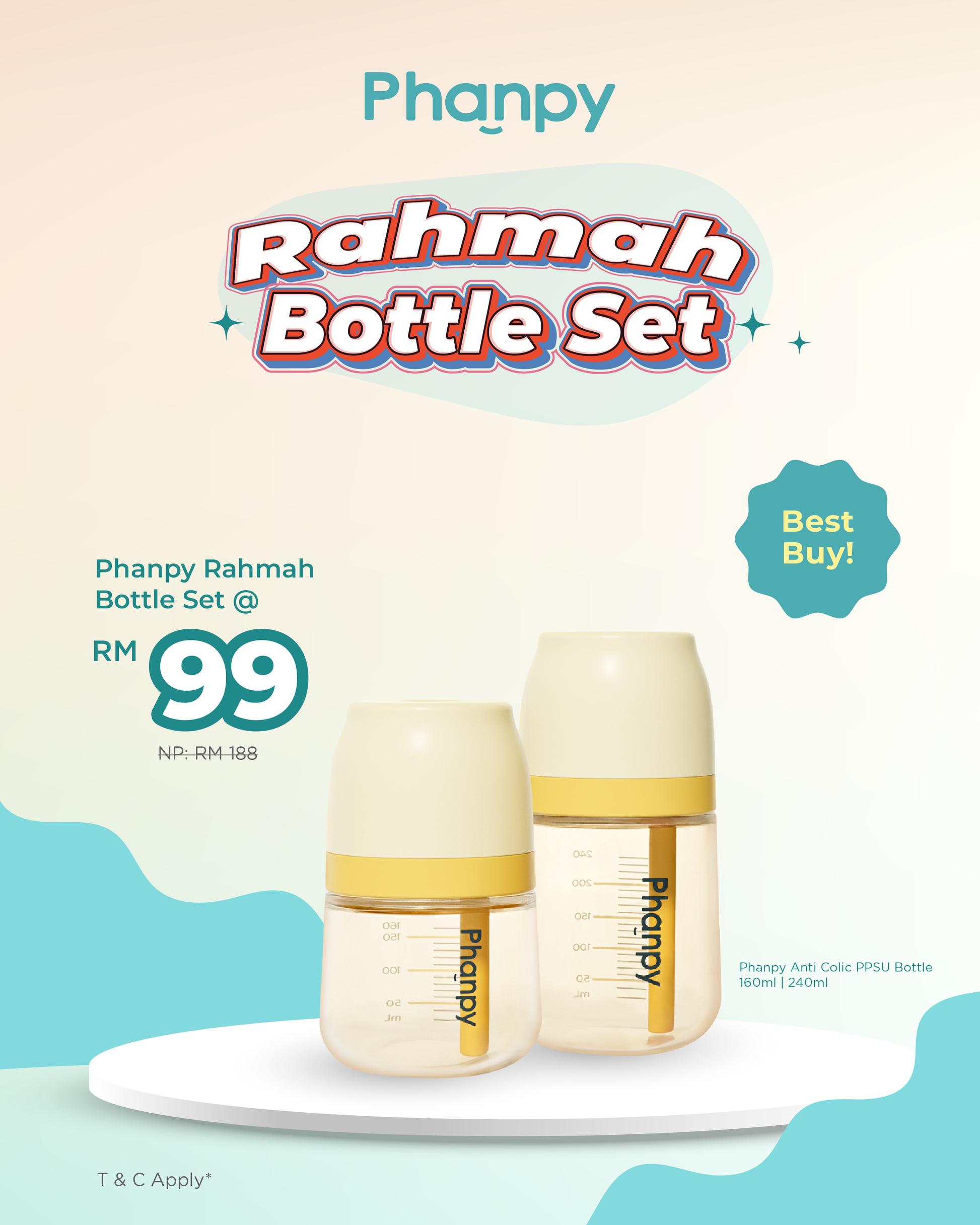Phanpy Rahmah Bottle Set – 160ml & 240ml Anti-Colic PPSU Bottles