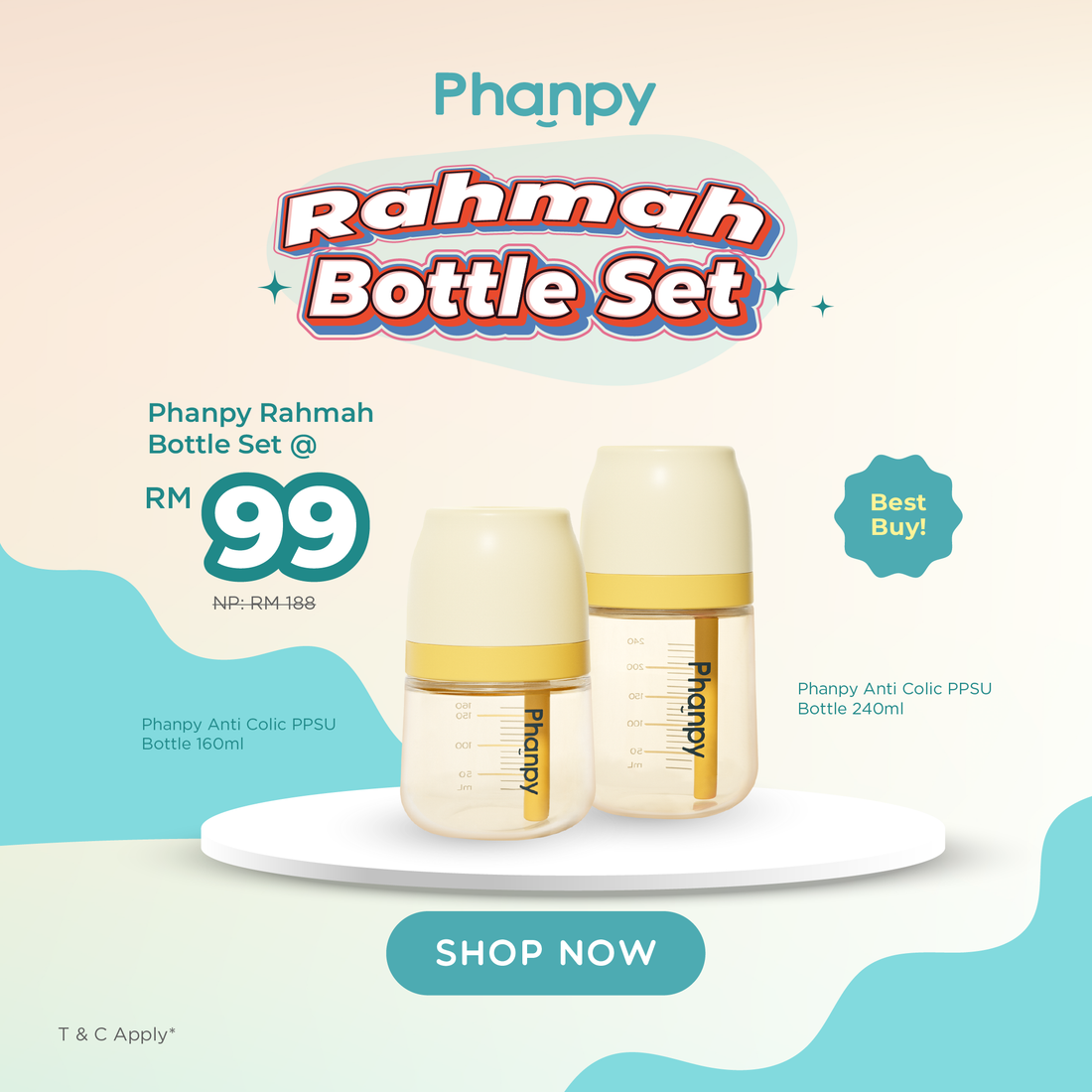 Phanpy Rahmah Bottle Set – 160ml & 240ml Anti-Colic PPSU Bottles