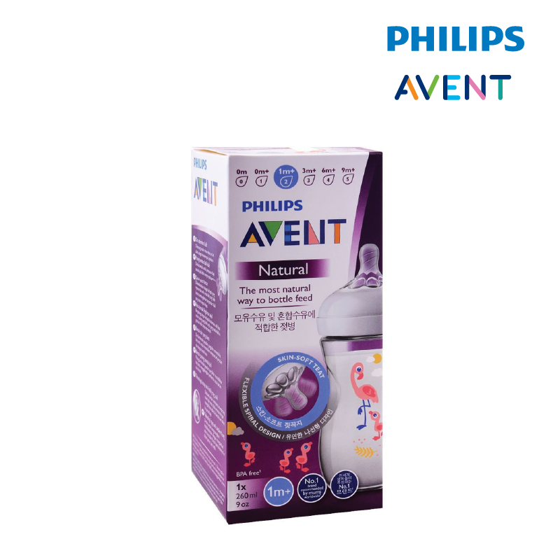 Philips Avent Natural Bottle Decorated Bottle 9OZ/260ML(Single Pack) -Flamingo Design