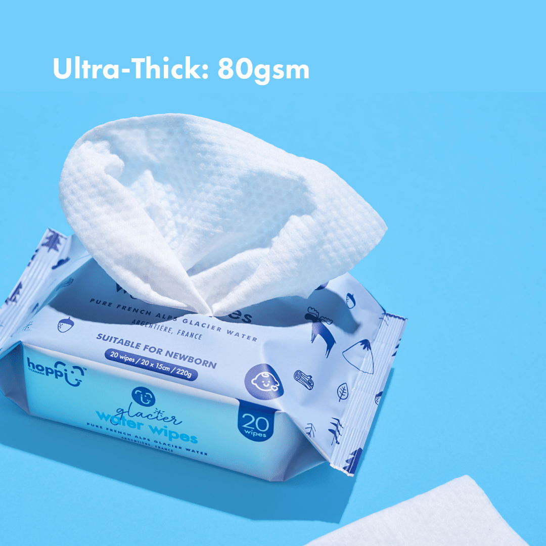 Astra Family Hoppi Glacier Water Wipes 20's x 5packs on a blue background.